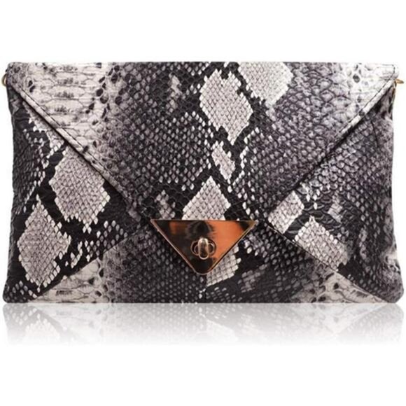 Black Snakeskin Envelope Clutch Purse Evening Crossbody Bag Faux Leather - Picture 8 of 8